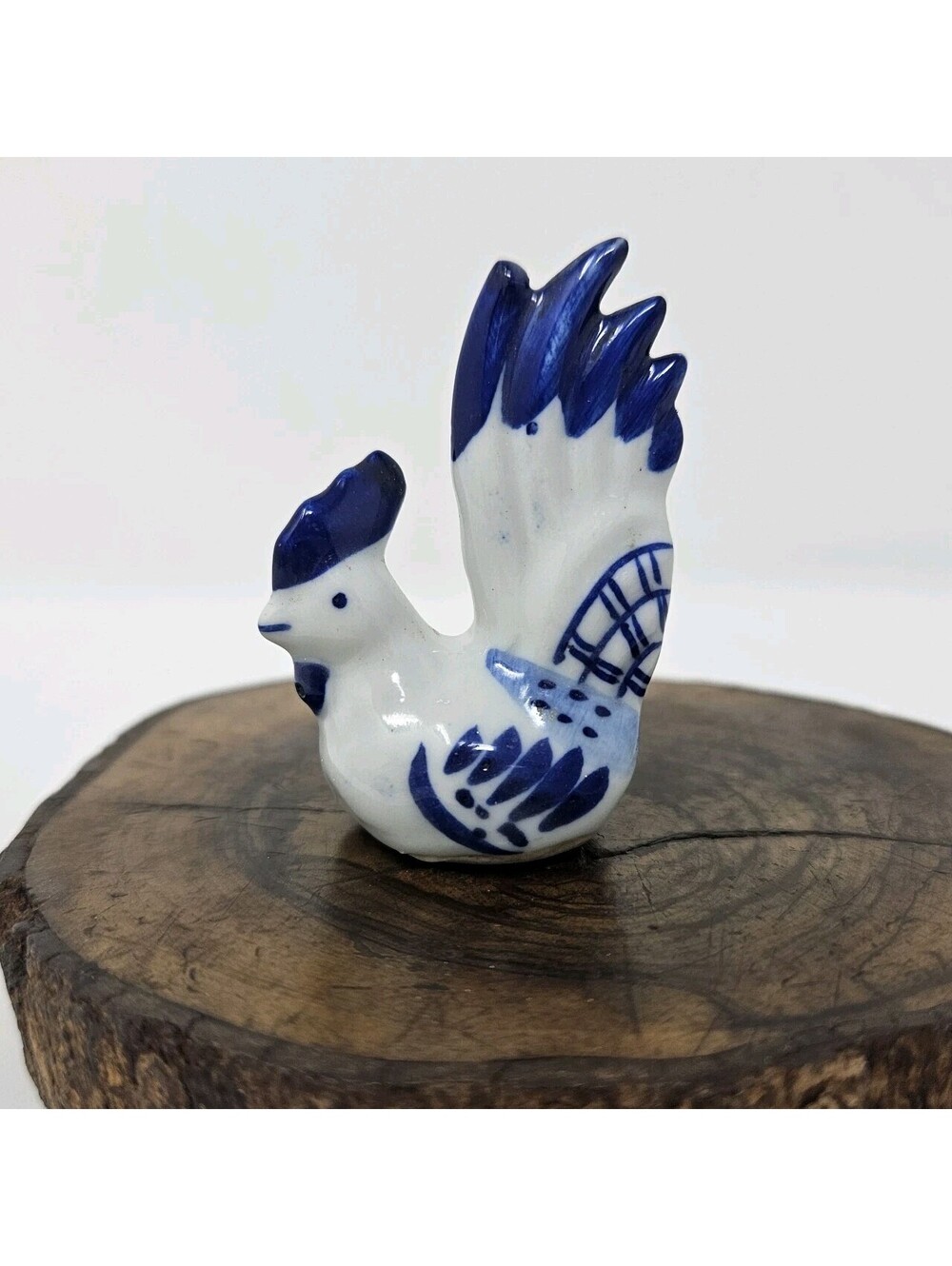Vintage Blue and White Delft Porcelain Miniature Rooster Figurine Handpainted
